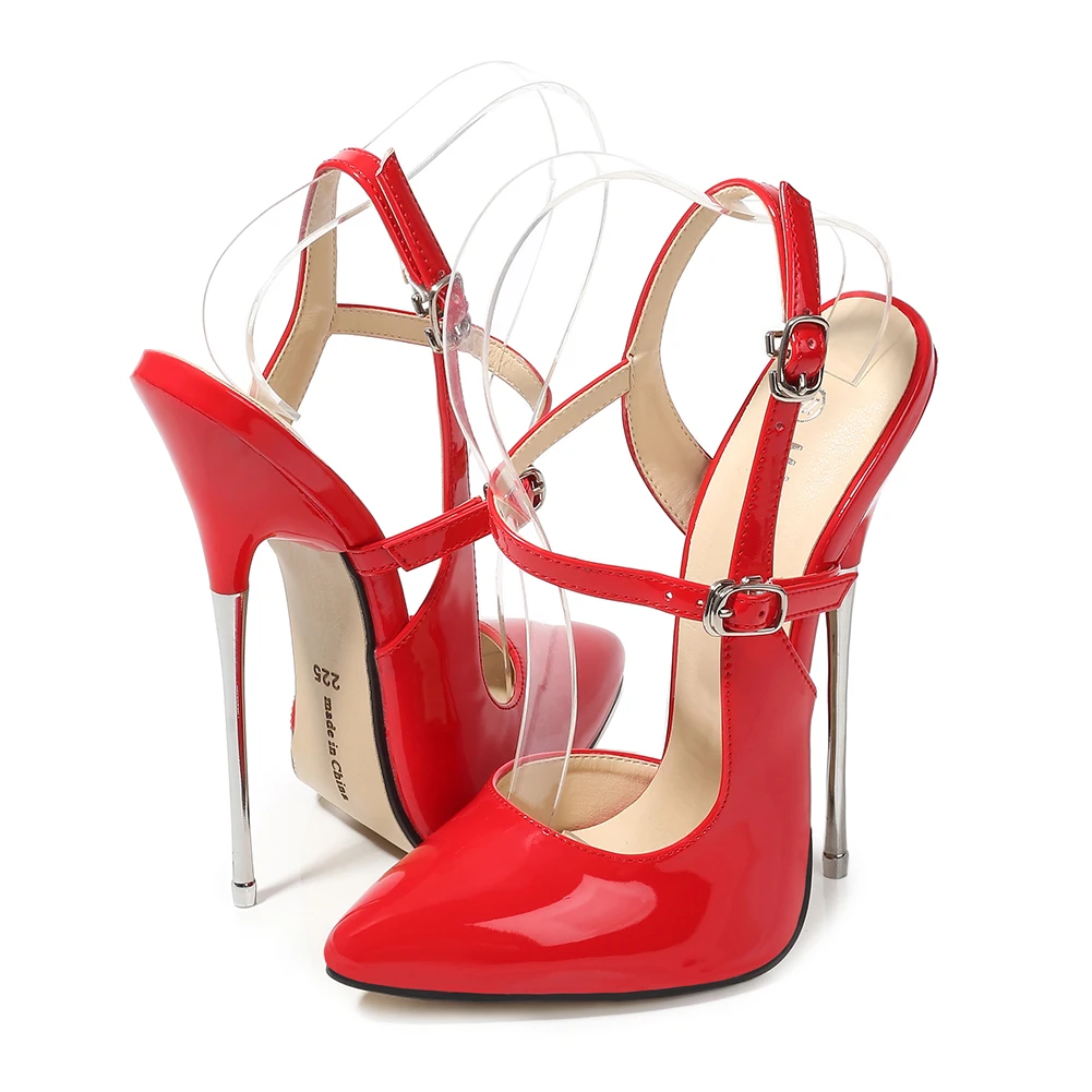Woman Plus Size Shoe 45 46 Heels 16CM Ladies Luxury Strapped Strips Heels Patent Leather Heels Sexy Pole Dancer Stiletto Sandals