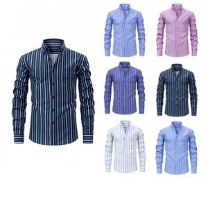 Four-sided Digital Printing Striped Long-sleeved Men's Shirt Collar Men's Clothing with High-end Feel Wholesale