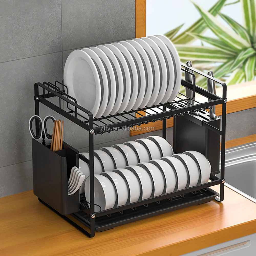 Drying with Tray 2 Tier Foldable Bowl Folding Wall Mounted Stainless Steel Over the Sink Hanging Dish Rack Kitchen Dish Racks
