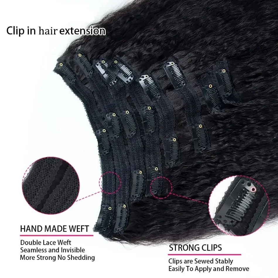 Extension per capelli umani con clip, lisci e crespi, neri, testa piena, 120 g, 8 pezzi, 18 clip, 10-26 pollici, colore 1B_voghion.com