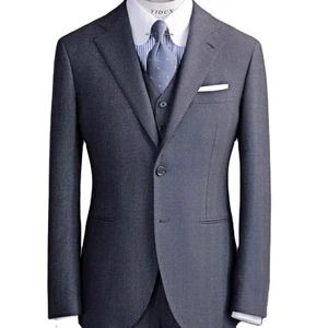 100% Wool Dark Grey Full Bespoke Slim Business Suits for Men Plus Size Breathable Zipper Fly Made-to-Measure Service