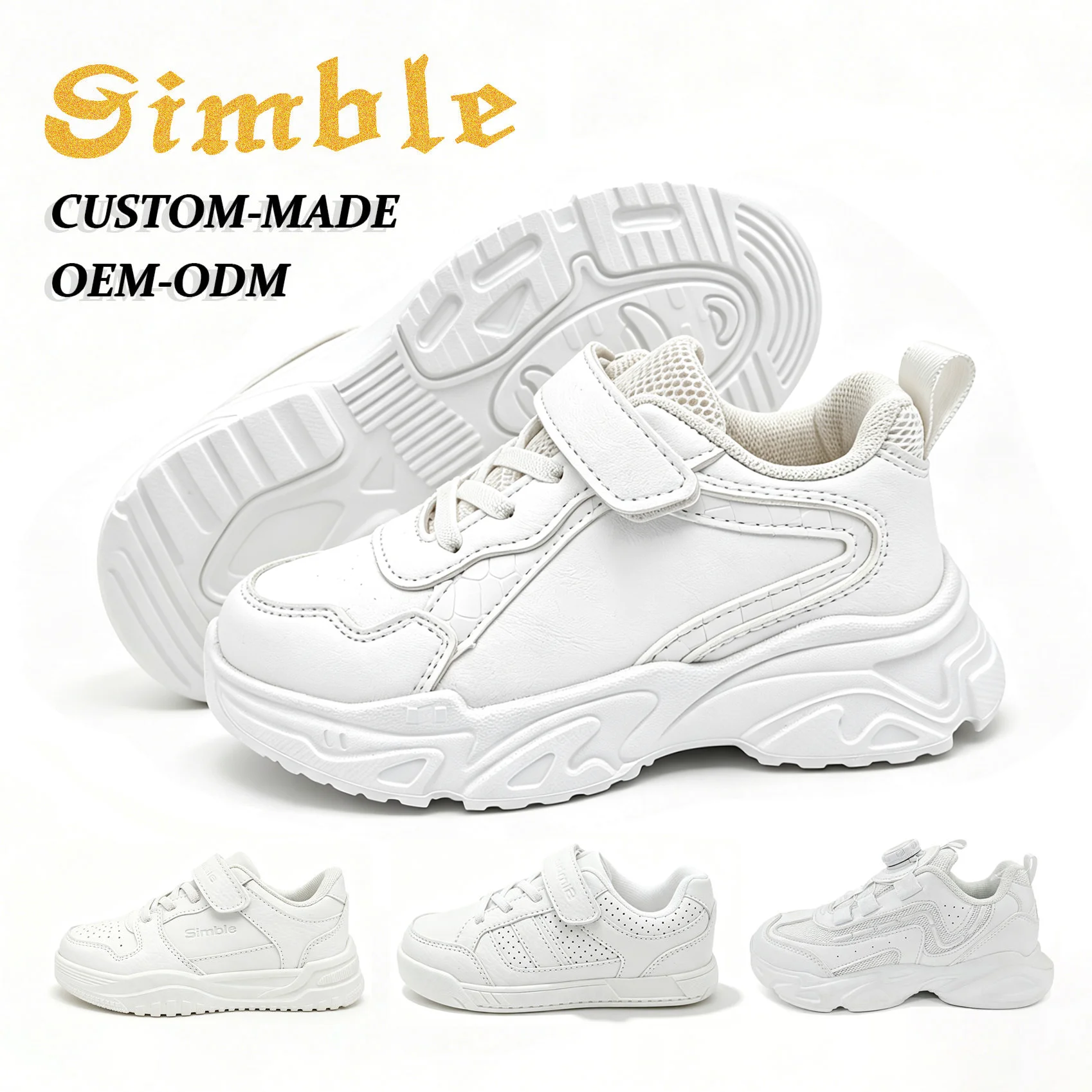 Baskets décontractées personnalisées avec logo pour enfants, imperméables, en PU souple, à effet hauteur augmentée, chaussures blanches pour écoliers