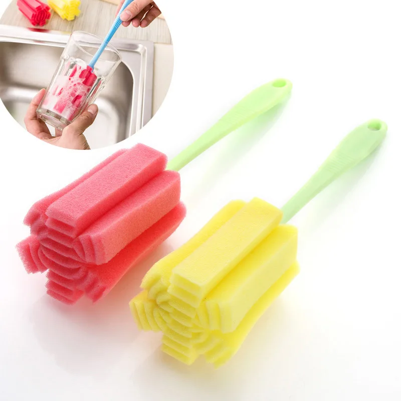 Popular 1Pcs Long Handle Glass Cleaning Brush Bottle Tea Cup Sponge Cleaner Kitchen Tool Sponge Brush Random Color