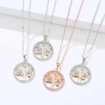 Luxury Copper Pendant Necklace For Women Family Double Color Silver Rose Gold Plated Diamond Brass Tree Of Life Charms Custom