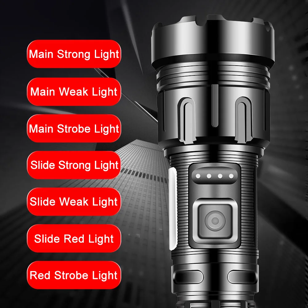 USB Rechargeable Flashlight 5000 High Lumens P50 30W LED COB Work Light Zoomable 7 Modes Emergency Outage Tactical Flash Light