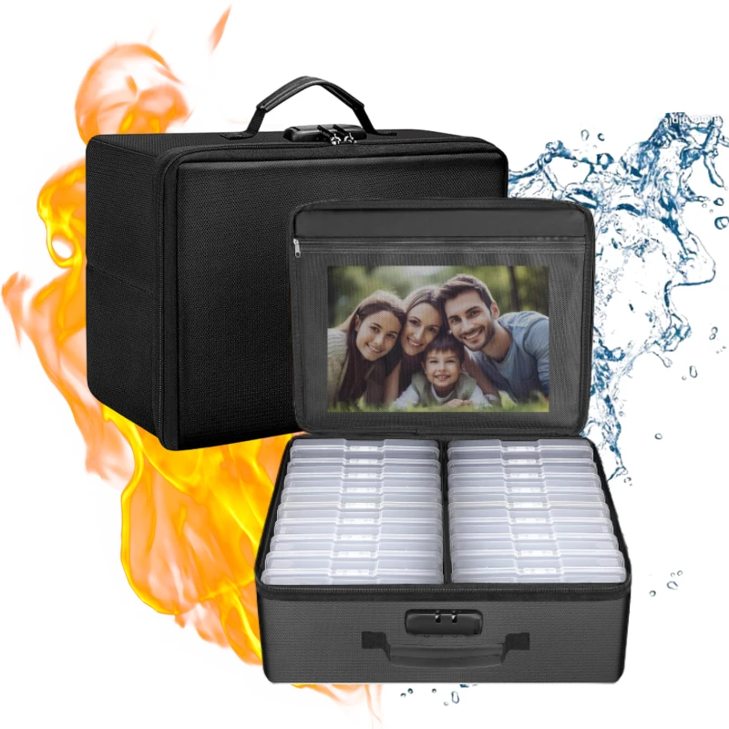 Portable Fireproof Photo Storage Box 16 Inner Photo Keeper Clear Case Collapsible Filing Organizer for Valuables Pictures