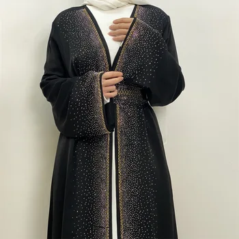 2024 New Middle East Dubai Hot Selling Hot Diamond Women's Lace Cardigan Dress with Pockets for Muslims