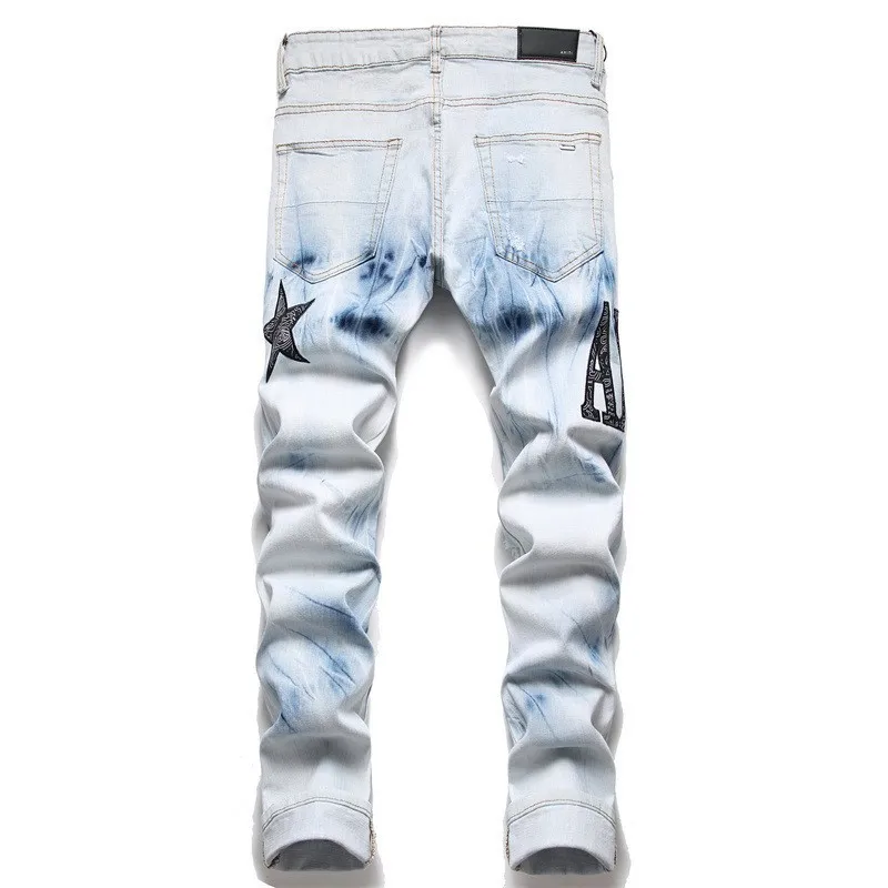Fashion Streetwear Men Jeans Blue Color Paint Printed Jeans Men Hip Hop Pants Punk Style Jeans