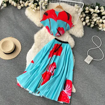 LE1297 Fast Delivery Boutique Women'S Pleated Casual Suit Long Pleated Skirts Print Shirt & Short Sleeve Top