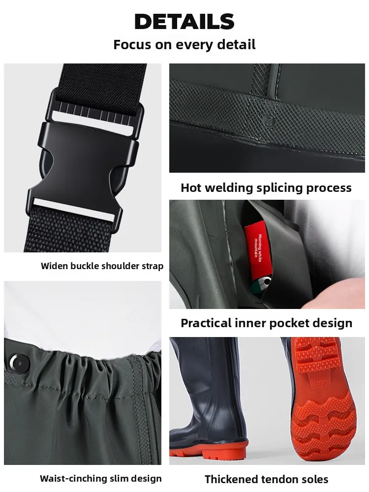 product custom thickened pvc chest wader waterproof adjustable bib rain pants fishing suit with boots for fishery  water activities-3
