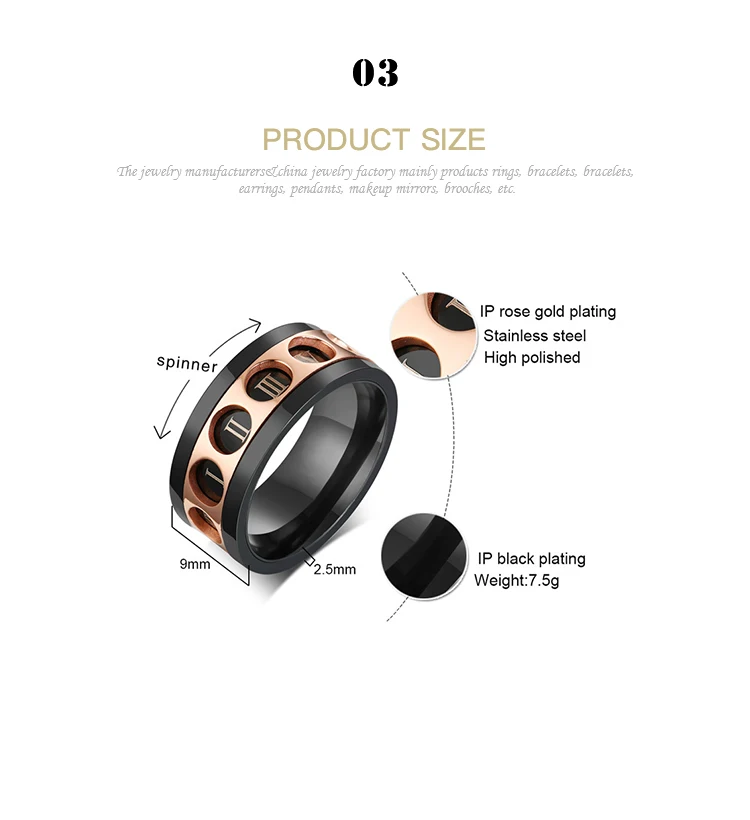 High-end custom Rose Gold Stainless Steel Rotating Roman Numerals Men's Ring R-494