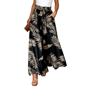 2024 New Product Print Solid Pants For Women Casual Elastic Waist Wide Leg Pants with Pockets