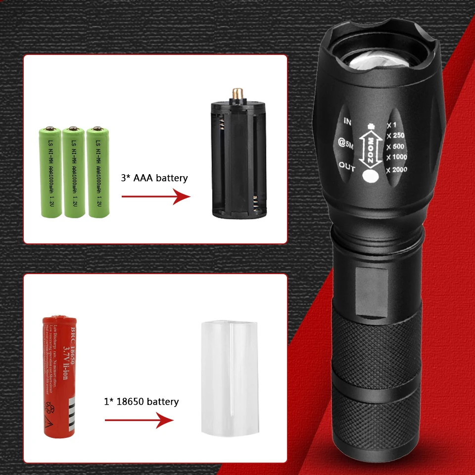 Brightest XML T6 Tactical Flashlight LED Zoom Torch Light 18650 Rechargeable Handheld Light for Self Defensive