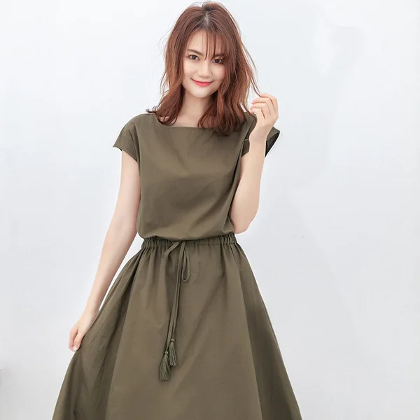 New Summer 2022 Large Women Short Sleeve Drawstring Tassel Dresses Solid  Color Cotton Linen O-neck Loose Waist Midi Long Dress - Buy Wholesale 2021 