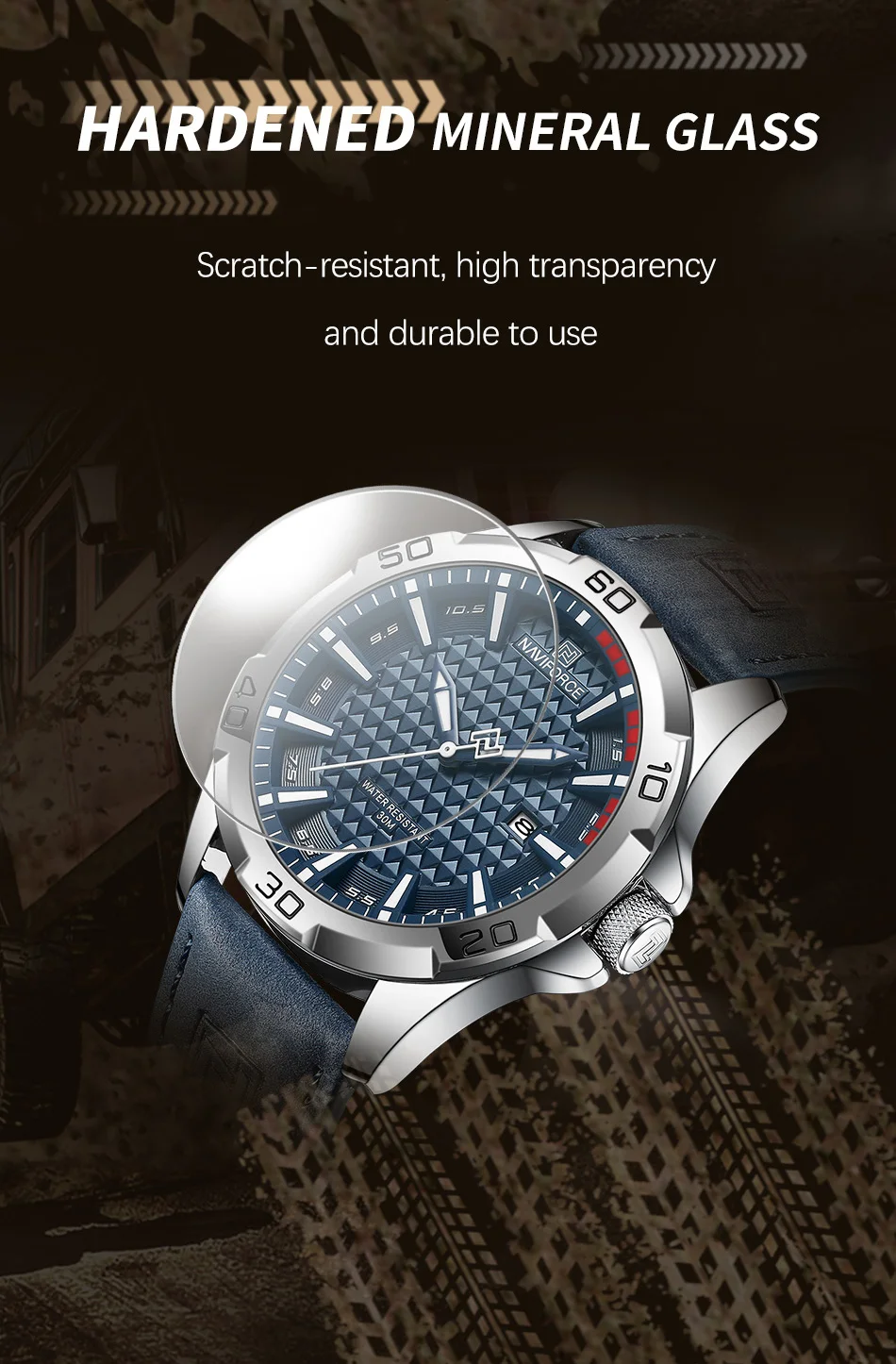 NAVIFORCE 8023 Men Wristwatch Top Brand Luxury Waterproof Watch Blue Genuine Leather Sport Quartz Original Male Clock