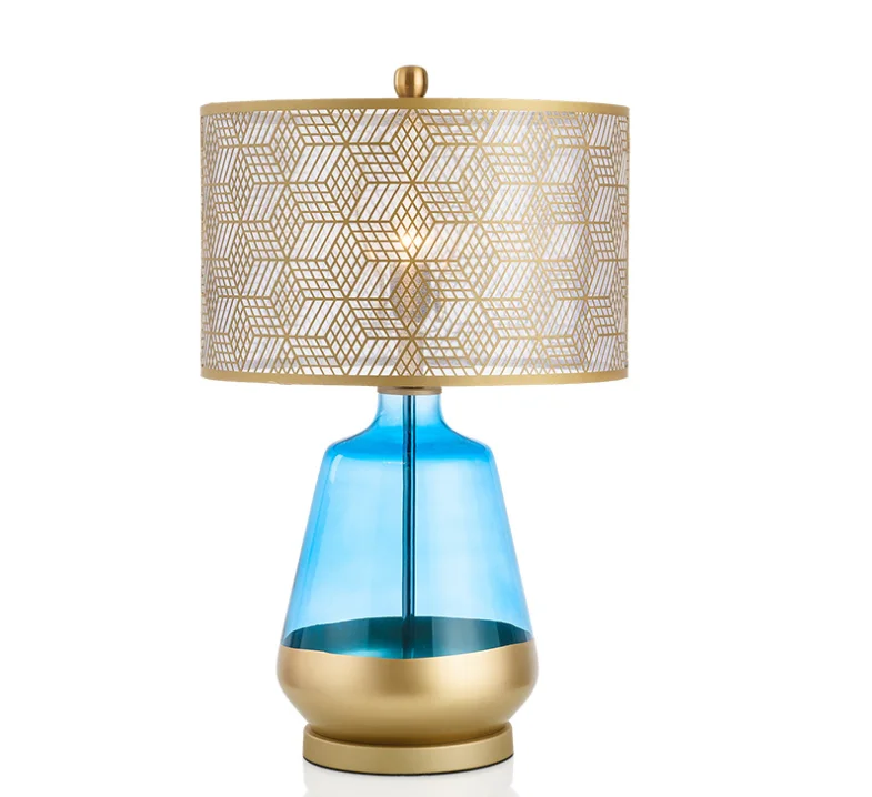 Nordic light luxury glass table lamp hollow lampshade blue fashionable glass table lamp