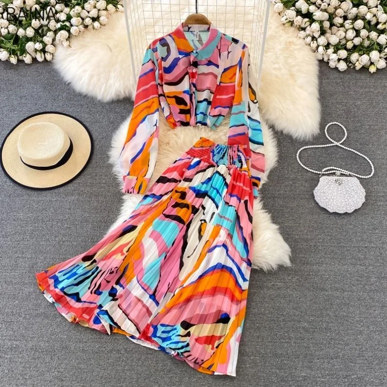 New Casual Chiffon Two Piece Set Women Clothing Contrast Turn Down
