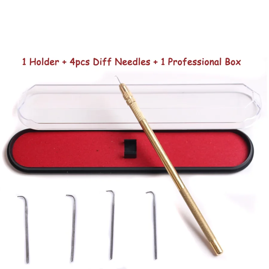 Wig Ventilating Needle Kit 1 Pcs Needle Holder 4 Pcs Ventilating Needles(1-1,1-2,2-3,3-4) for Making Lace Wig (Brass)