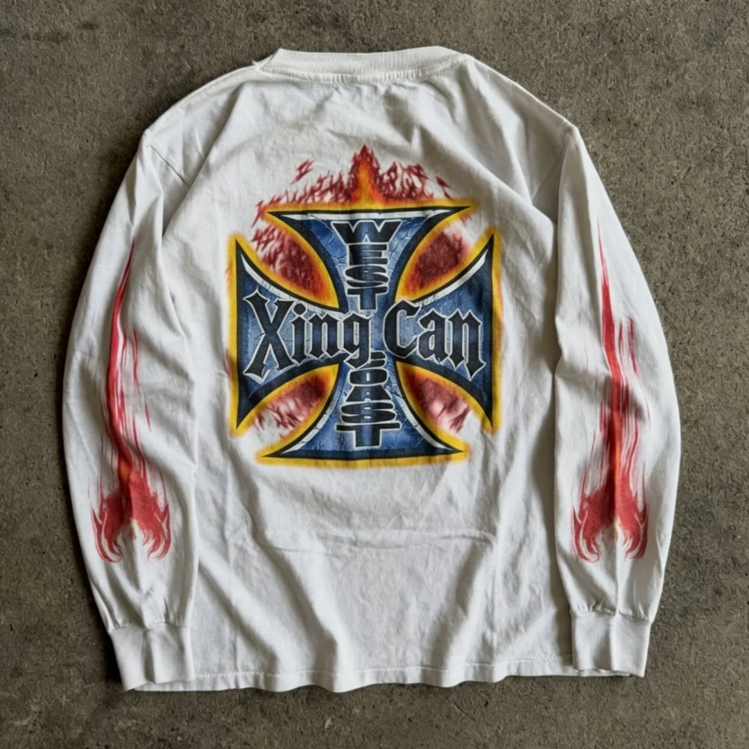 Tilpasset herretshirts i 100 % bomuld med vintage-gade- og fritidsstil, lang ærme, DTG-digitalt tryk; rhinestones og broderi tilgængelige