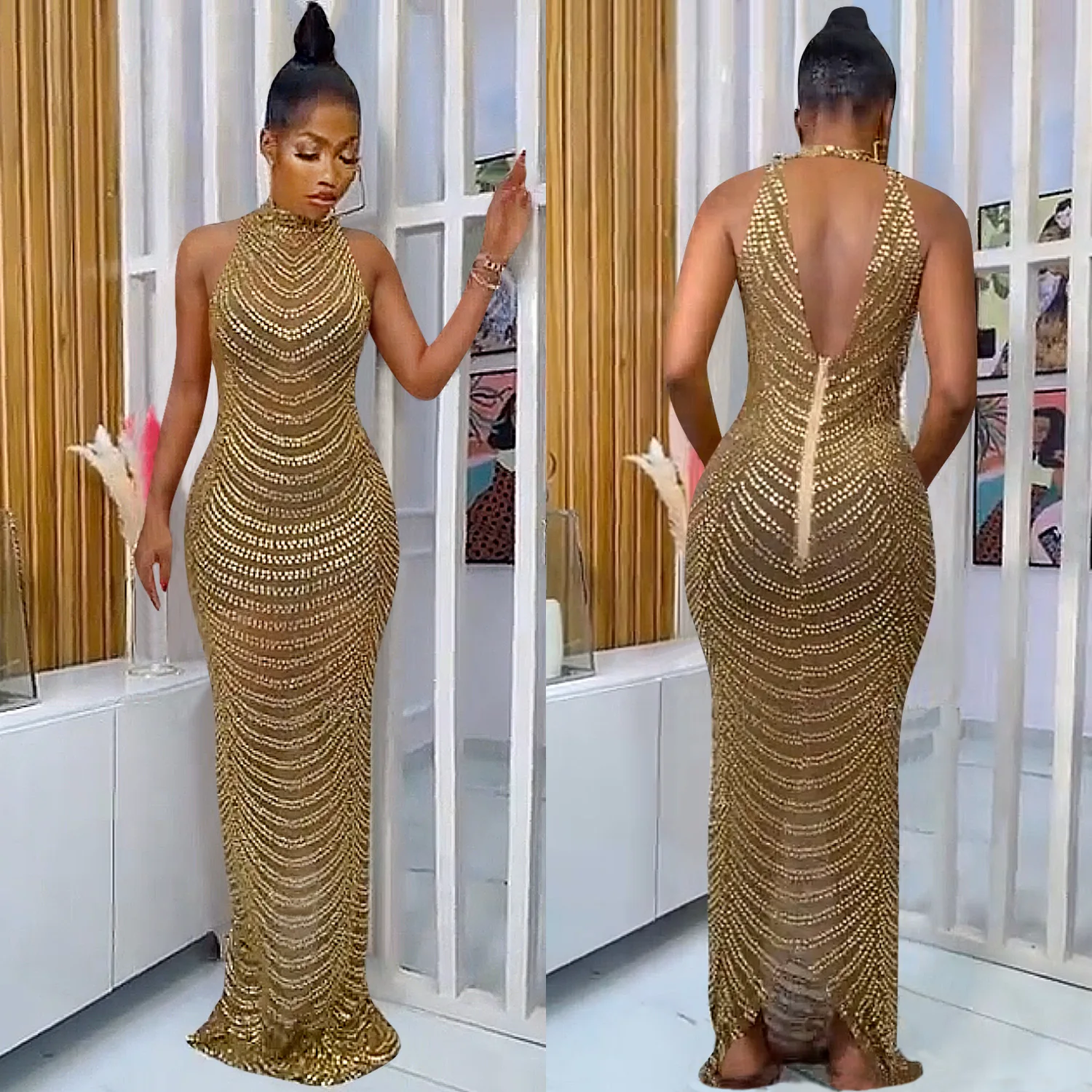 Hot Drilling Striped Women Sexy Solid Mesh Backless Long Evening Dress See Through Rhinestone Haler Vestidos Mujer Party Dress