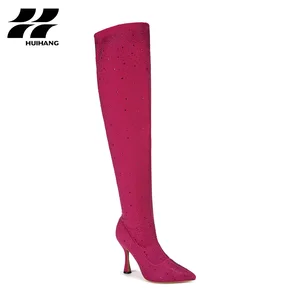 Glamorous Pink Rhinestone Over-the-Knee Stiletto Boots for Women Comfortable Slip-On Party Evening Fashion Winter Footwear