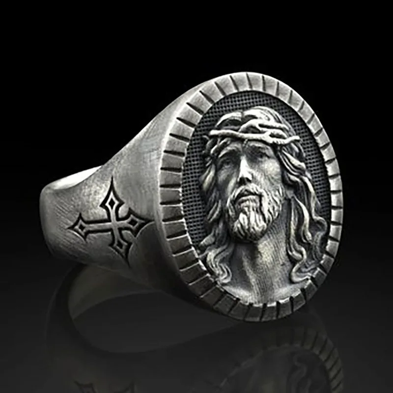 Men's Jesus avatar Antique Silver Ring Oval Christian Cross Religious Ring