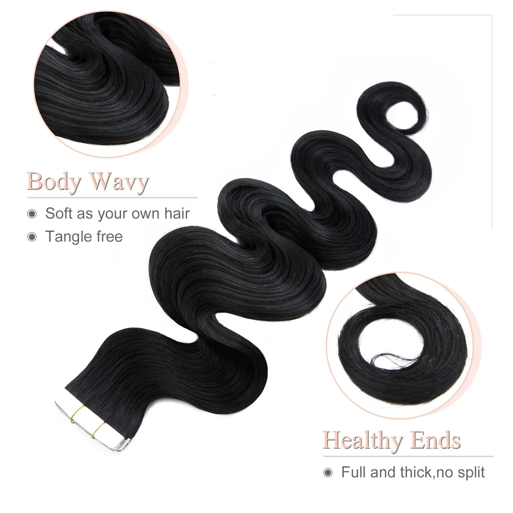 Fita em extensões de cabelo humano onda do corpo brasileiro natural preto #1B cabelo remy pele sem costura trama_voghion.com