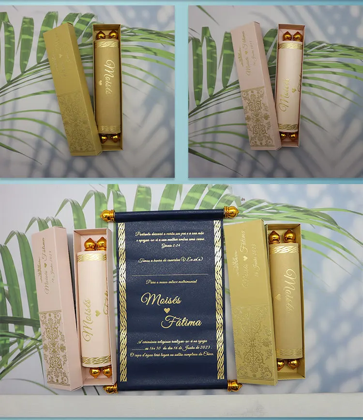 Nicro Creative Design Royal Style Gold Foil Stamping Unique Box Tassel Packing Paper Scroll Rolling Wedding Invitation Cards