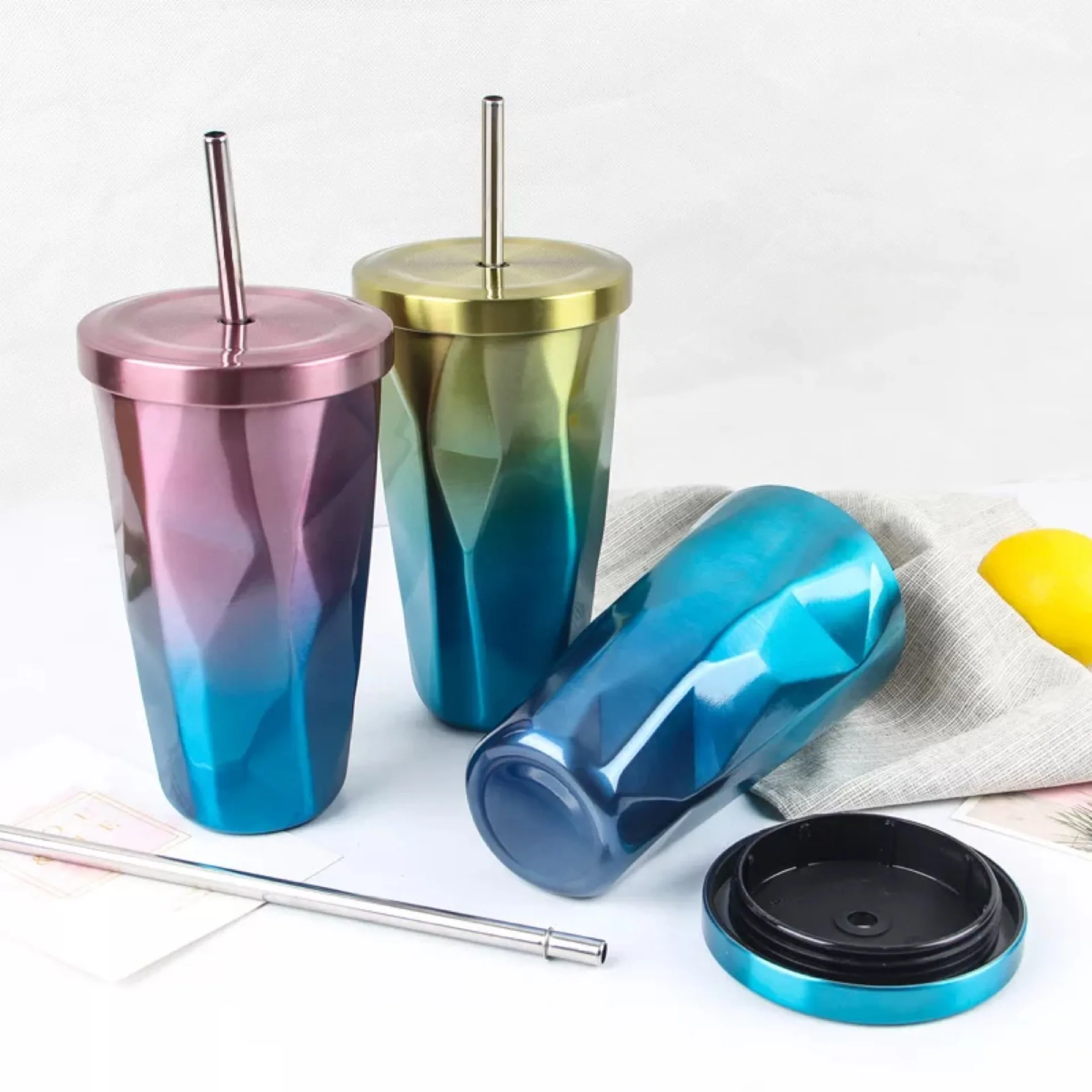 GZYSL RTS Custom 16OZ Color Changing Irregular Diamond Double Wall Insulated Stainless Steel Tumblers With Straw
