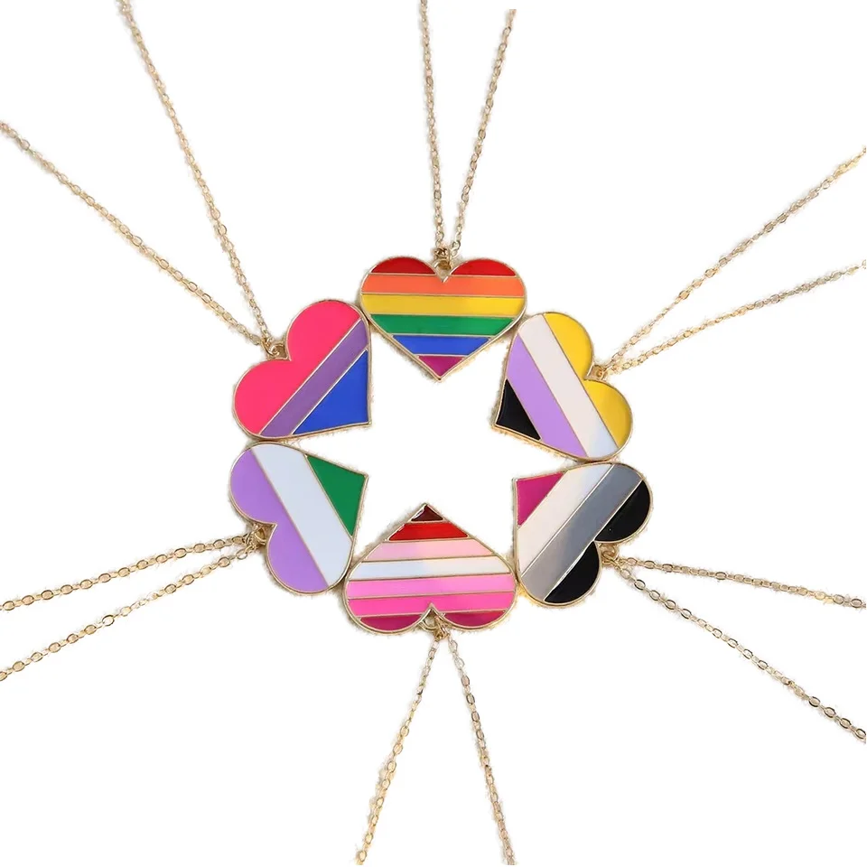 Wholesale Zinc Alloy Gold Plated Rainbow Heart Pendant Necklace LGBT Pride Flag Enamel Classic Style Link Men Women Fashion