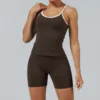 Tank top, brown shorts, brown