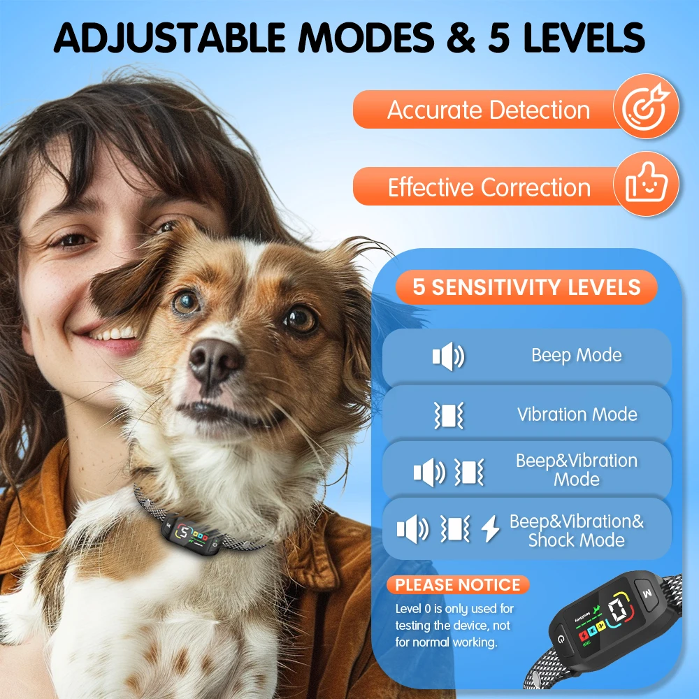 High Sensitivity Color Screen 4 Working Modes Vibration Shock Safe Anti Bark Device Stop Barking Training Bark Control Collar