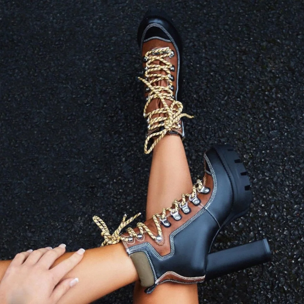 High Top Color Block PU Upper Platform Round Toe Women Ankle Boots Fashion Lace up Chunky High Heel Short Booties for Ladies