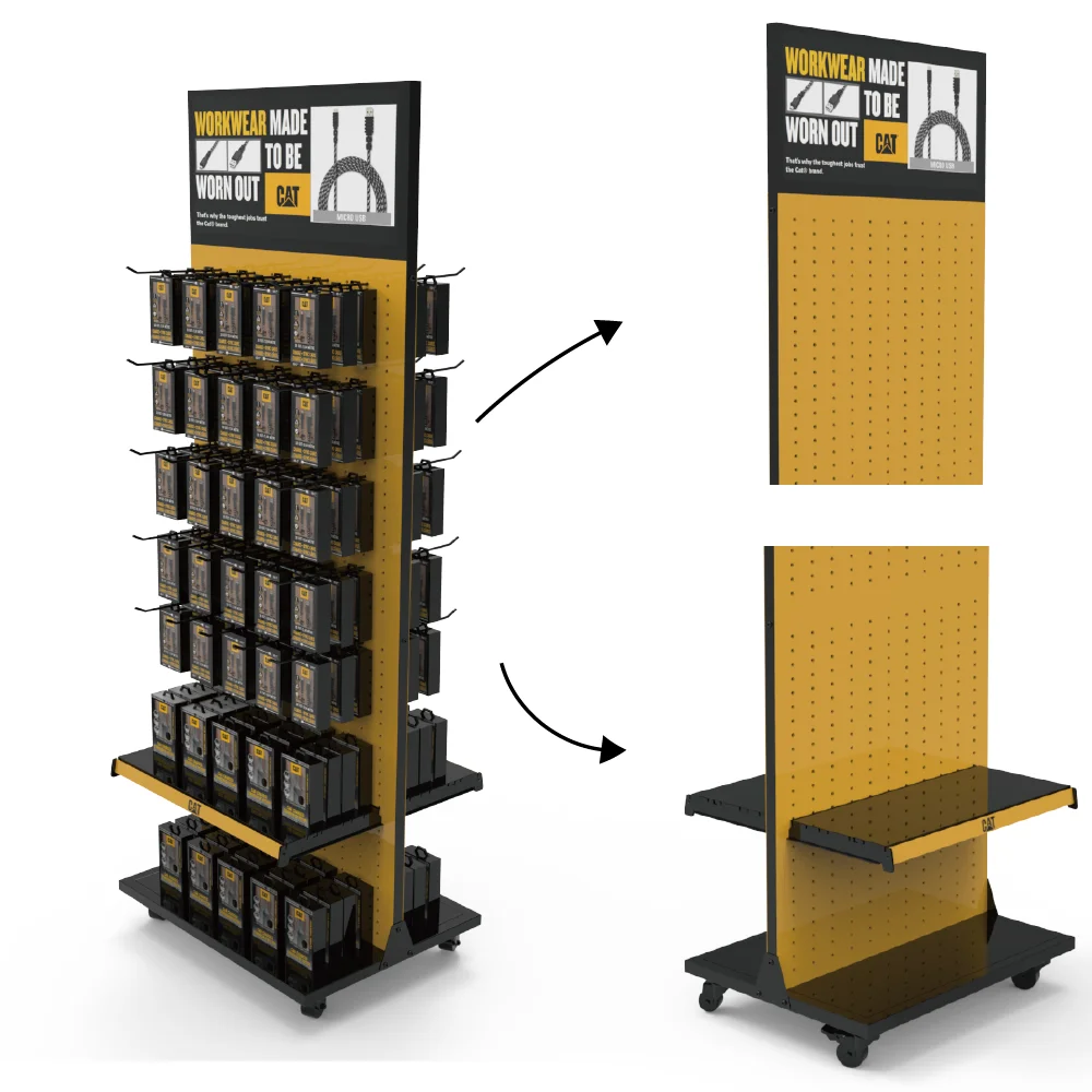 Bevis Custom Light-Duty Metal Movable Roller Floor Standing Pegboard Mobile Phone Accessory Display Stand With Hooks for Store
