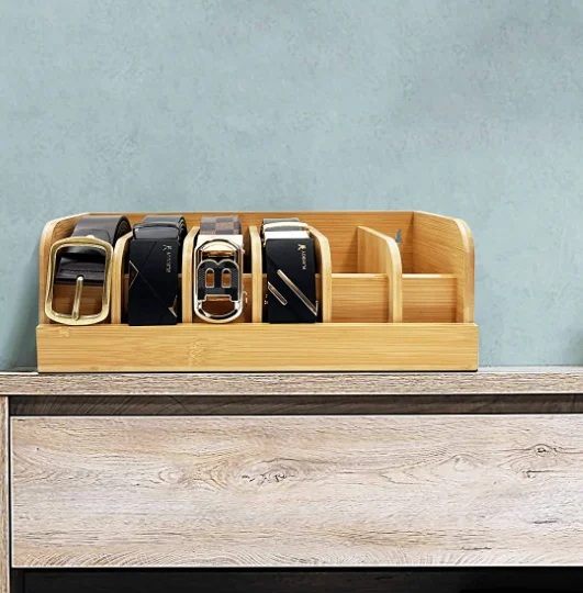 2 Pieces Belt Organizer For Closet Belt Holder Bamboo Tie Organizer Box