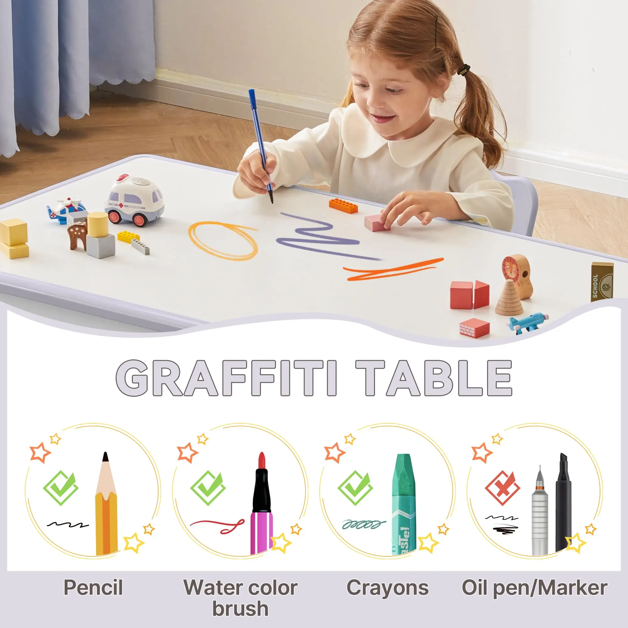 60*60cm Wood Plastic Table and Chair Set,Kids Daycare Furniture Graffiti Study Desk Adjustable Height 1 Table and 4 Chairs