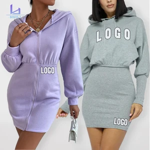 Huili Oem New Trending 100% Cotton Solid Color One Piece Y2k Streetwear Custom Logo Print Loungewear Hoodie Dress for Women