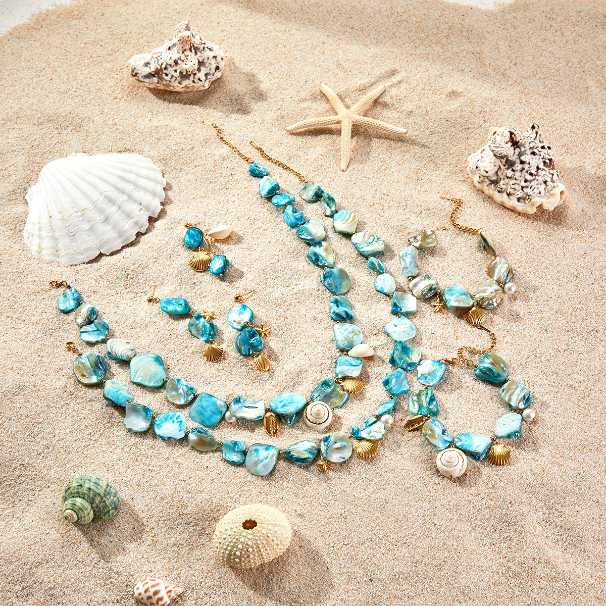 NIMAI Bohemian Blue Big Shell Starfish Pendant Charm Necklace Pearl Sea Snail Sea Shell Statement Stainless Steel Ocean Jewelry