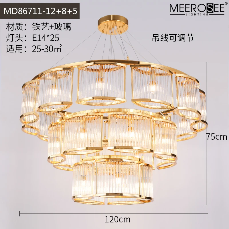 MEEROSEE 2021 round indoor luxury pendant light gold iron hanging lights home modern crystal chandelier MD86711