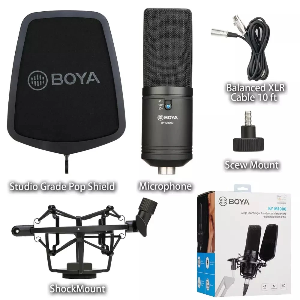
Микрофон BOYA BY-M1000 из алюминиевого сплава, набор микрофона, кардиоидный/всенаправленный/Двунаправленный микрофон для вокала певицы, студии 