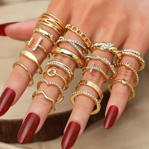 20-Piece Retro Luxury Spiral Ring Set Cross Love with Diamond Trendy All-Match Metal Alloy 18K Plating Color Wedding ODM Supply