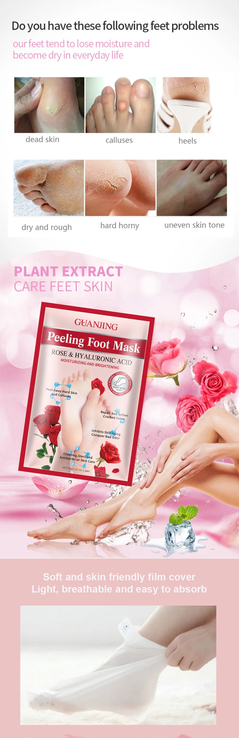 Magic Foot Mask Peel Organic Exfoliating Foot Mask Rose Nourishing Whitening Foot Mask