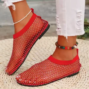 Fashion Crystal Rhinestone Women Mesh Stretch Slides Fishnet Ladies Plus Size Sock Sandals Flat Bling Sexy Mesh Sandals Shoes