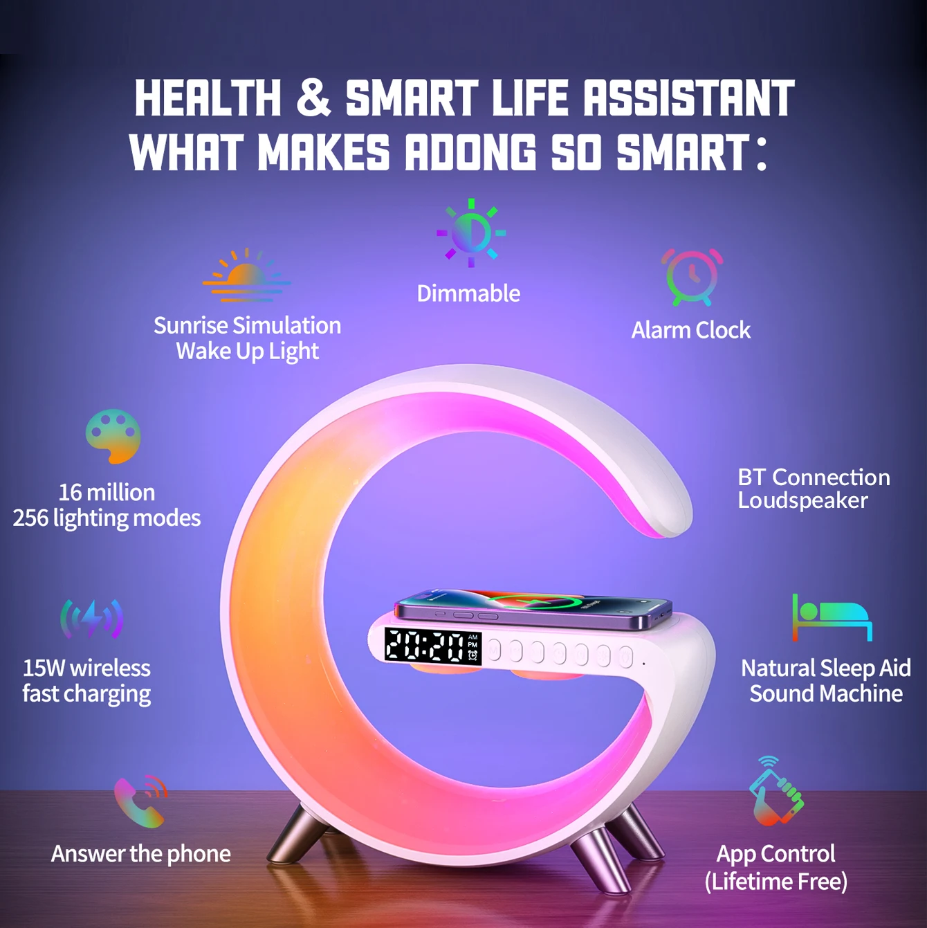 New Luxury 5 in1 Multiple Using Device APP Control Smart Light 15W Fast Wireless Charger with Clock Time And Wireless Speaker