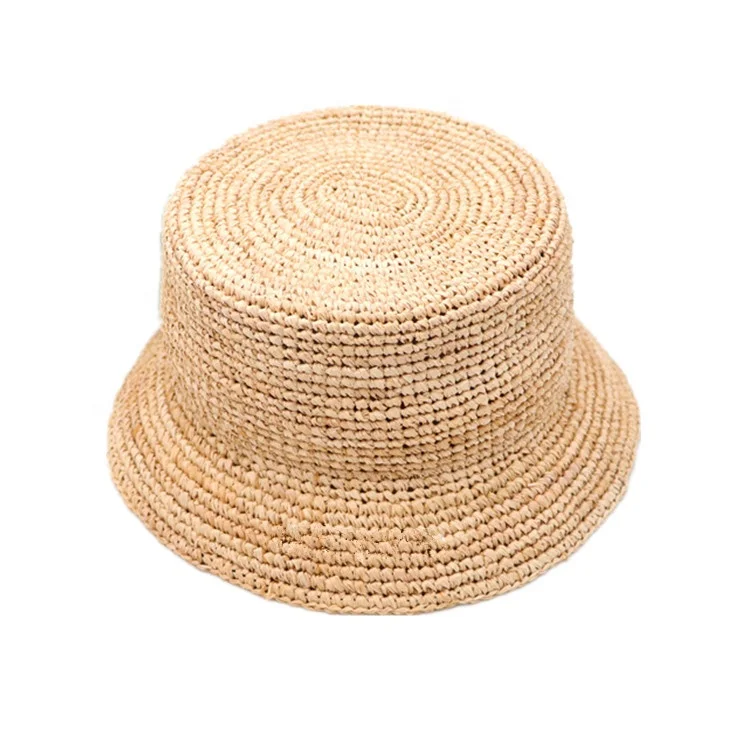 Custom Designer Handmade Crochet Raffia Straw Bucket Hat for Women Lady Beach Sun Shade for Daily Sports Outdoor Casual Dress