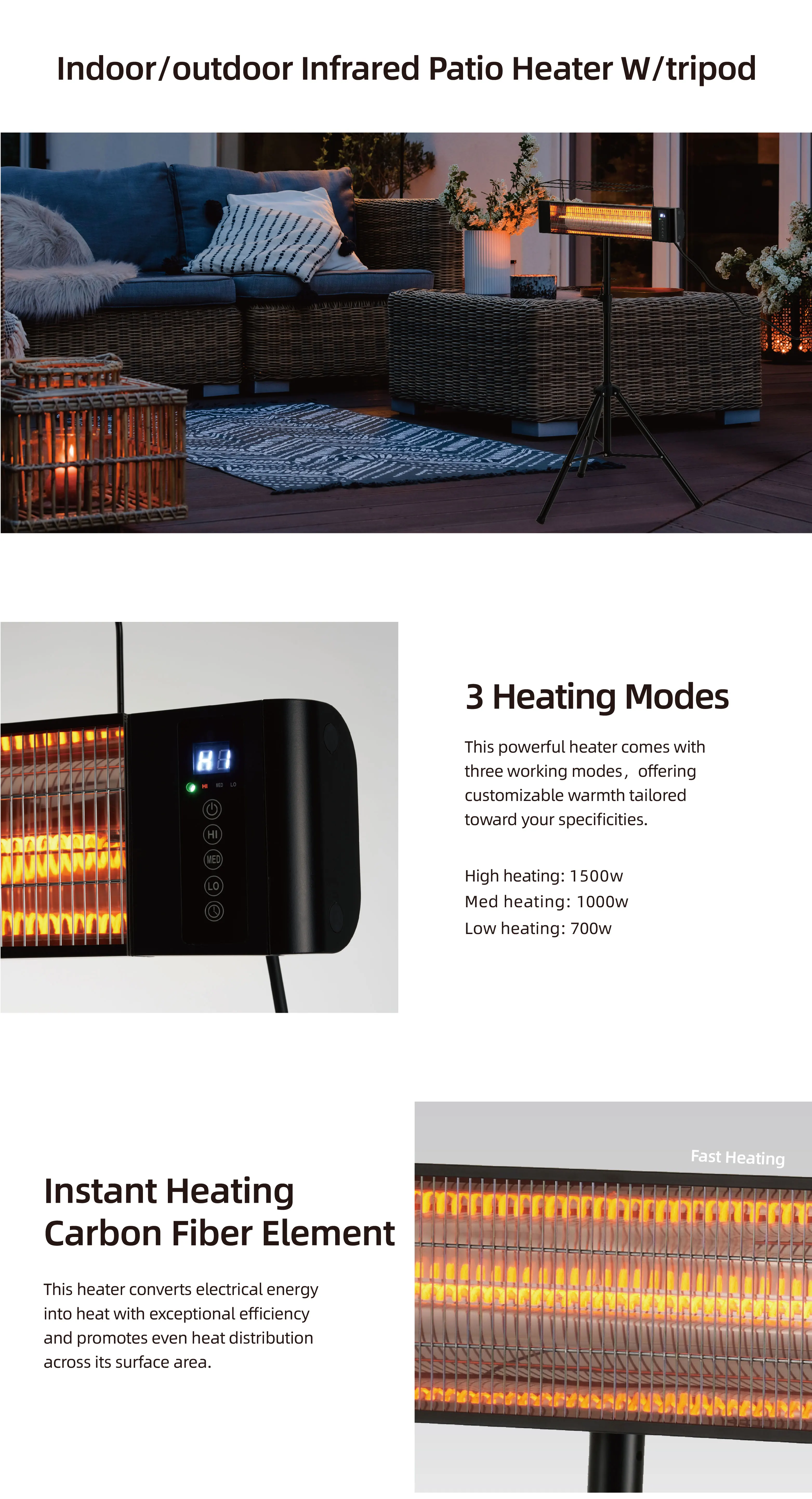 One Year Warranty 1500w 12 Hour Timer Air Heating Standing Infrared