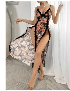 New European and American Style Mesh Sexy High-Slit Long Dress with Printed Lace Nightgown Set - Perfect for Homewear