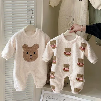 New Korean Style INS Cartoon Bear Warm Home Jumpsuit Autumn and Winter Comfortable Crawling Suit Infants and Toddlers