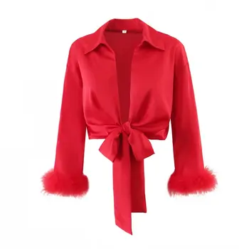 Sexy design red color v neck three quarter sleeve with fur women summer crop wrap top