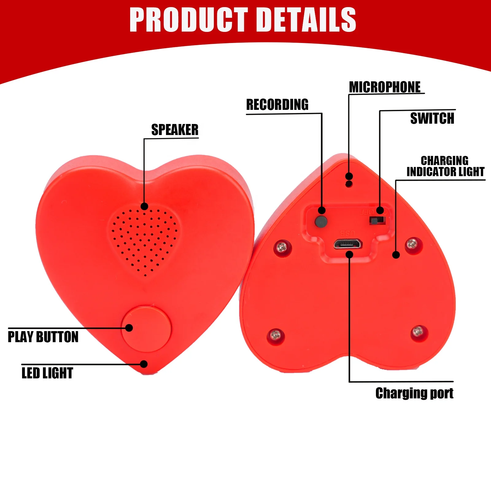 350s Heart-Shaped Real-Time Recording Module Customizable Music Sound Box Speaker DIY Voice Recorder for Stuffed Animals Gift